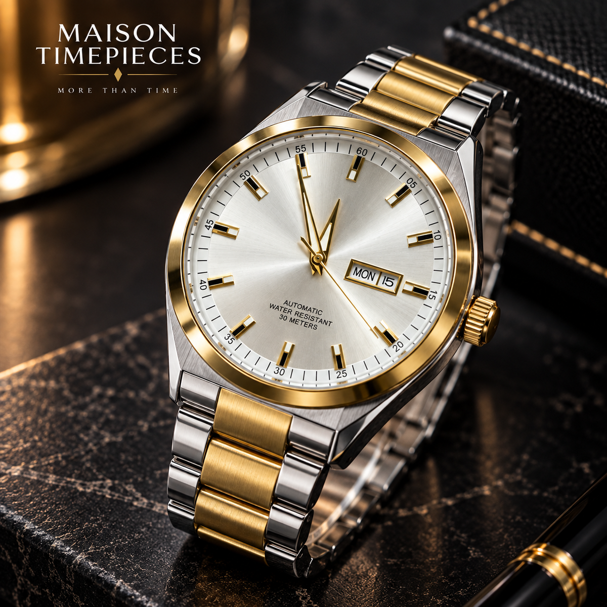 Luxury two-tone automatic watch with polished gold bezel, white dial and metal bracelet