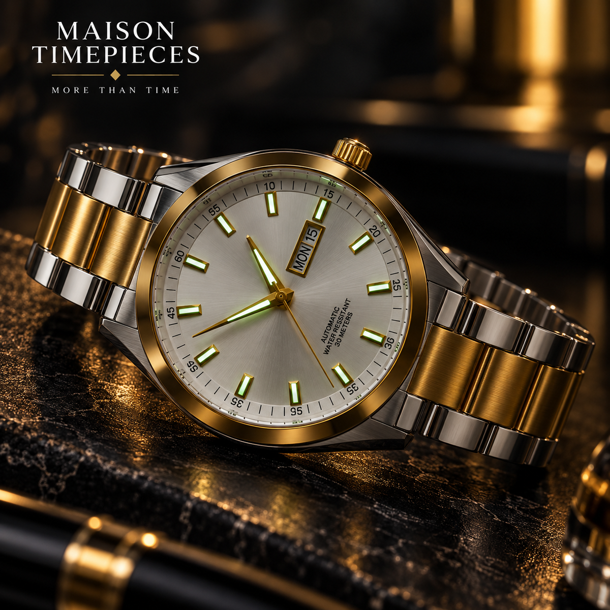 Luxury two-tone automatic watch with white dial and gold bezel in Maison Timepieces lifestyle setting