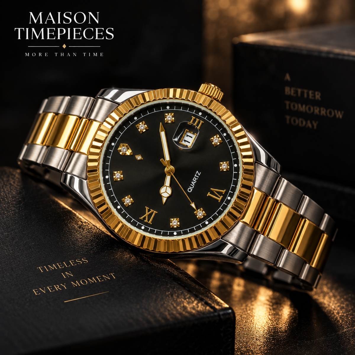 Luxury two-tone gold and silver quartz watch with black dial presented in a dark premium setting