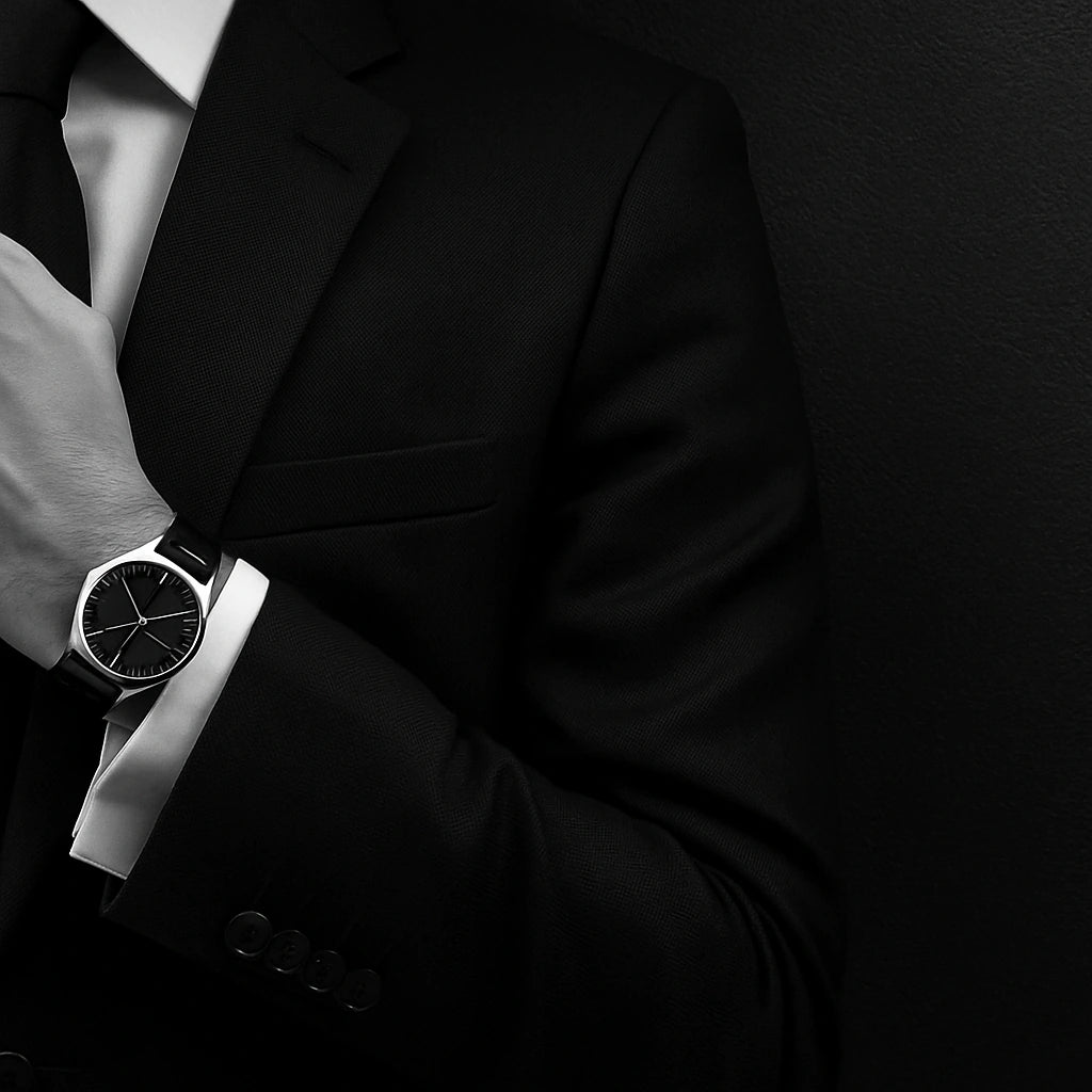 A gentleman in a tailored black suit adjusting his cuff to reveal a luxury wristwatch, set against a dark textured background — symbolizing elegance, status, and timeless style.