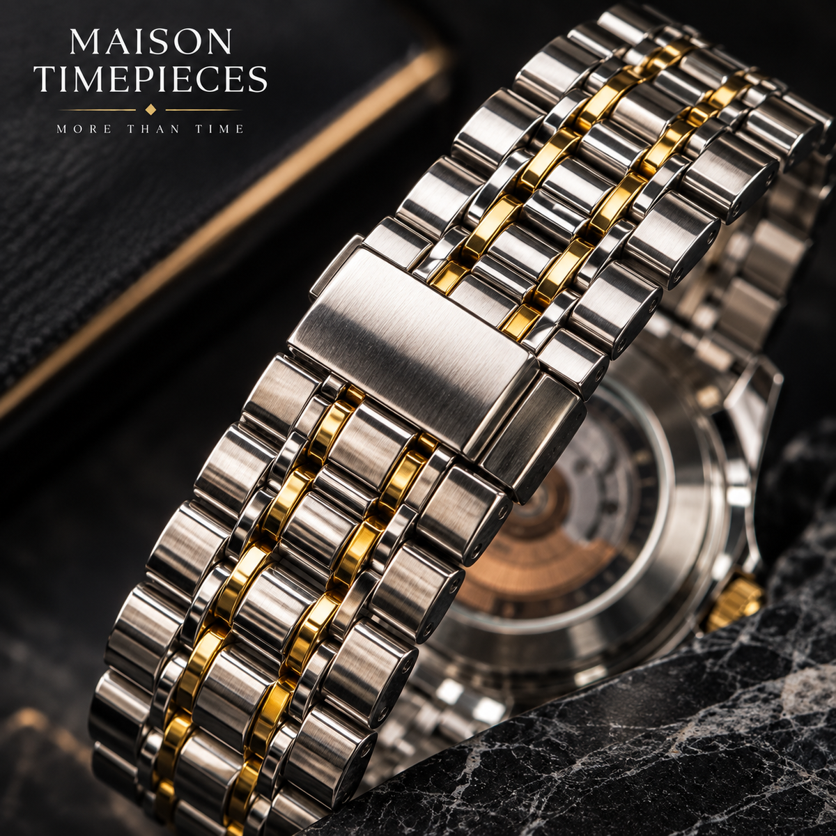 Blue dial automatic watch featuring day-date display and gold-tone dial details