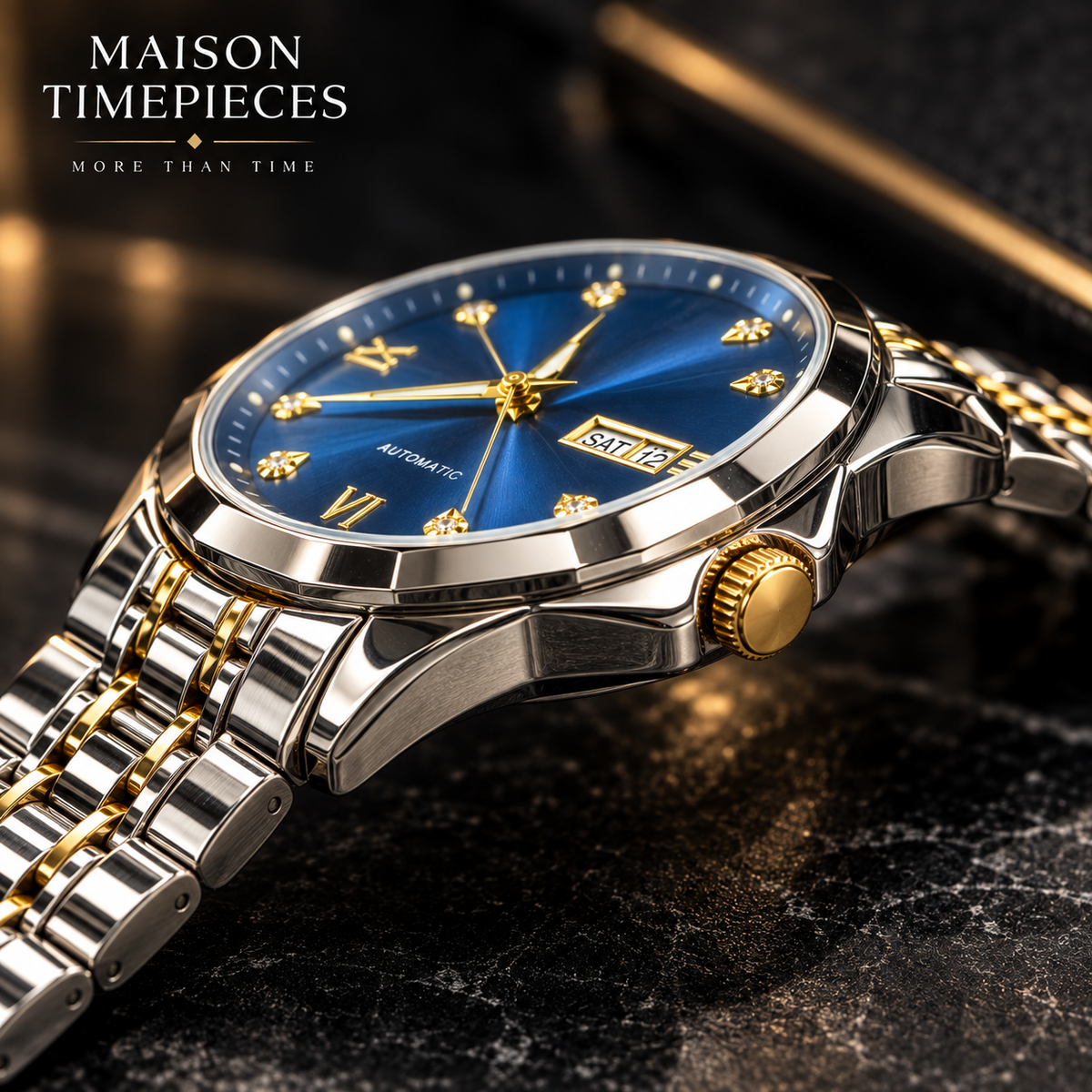 Side profile of automatic watch showing polished case, gold-tone crown and blue dial
