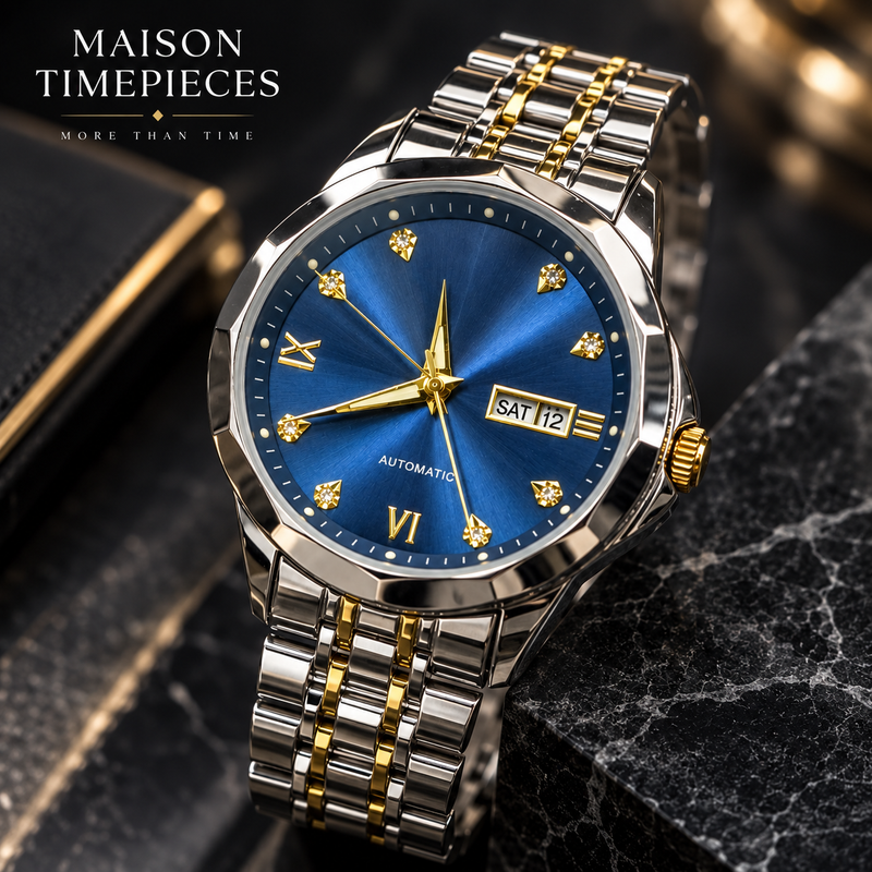 Blue dial automatic watch with gold-tone details and two-tone metal bracelet at 45-degree angle