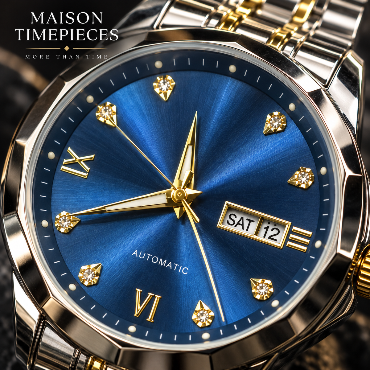 Close-up of blue sunburst dial automatic watch with gold-tone hands and hour markers