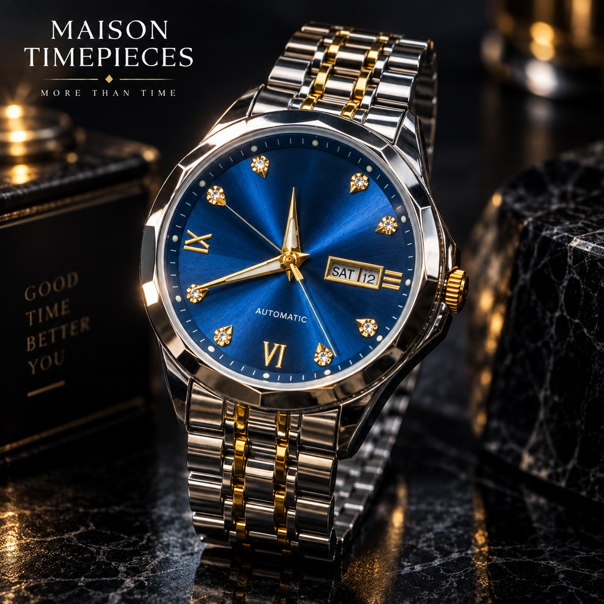 Maison Timepieces curated blue dial automatic watch in luxury dark lifestyle setting