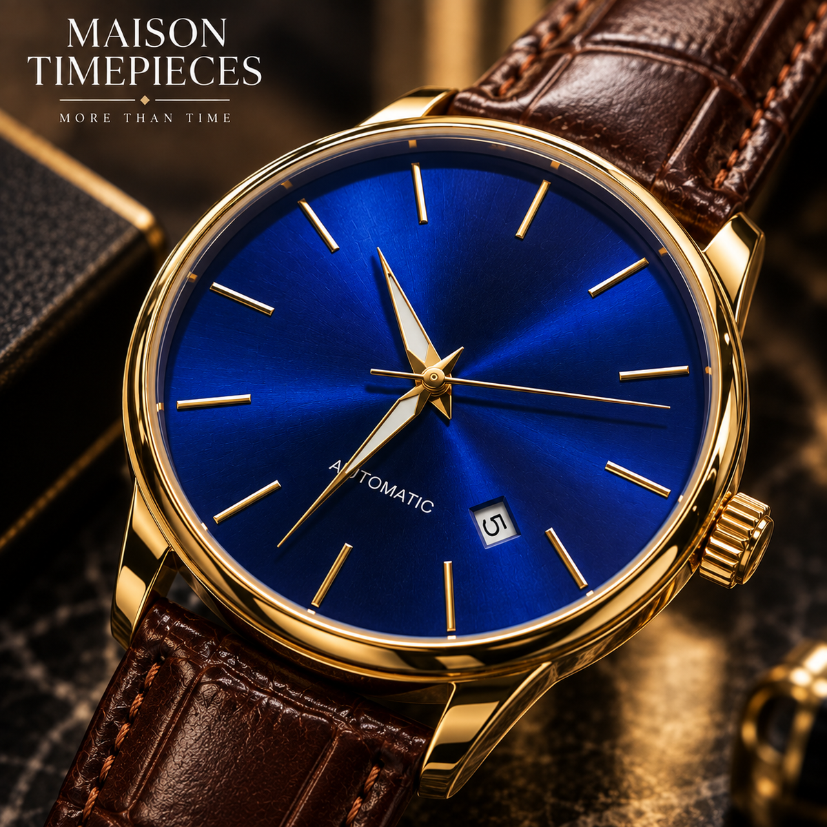 Close-up of blue sunburst dial on Maison Timepieces curated gold-tone automatic watch