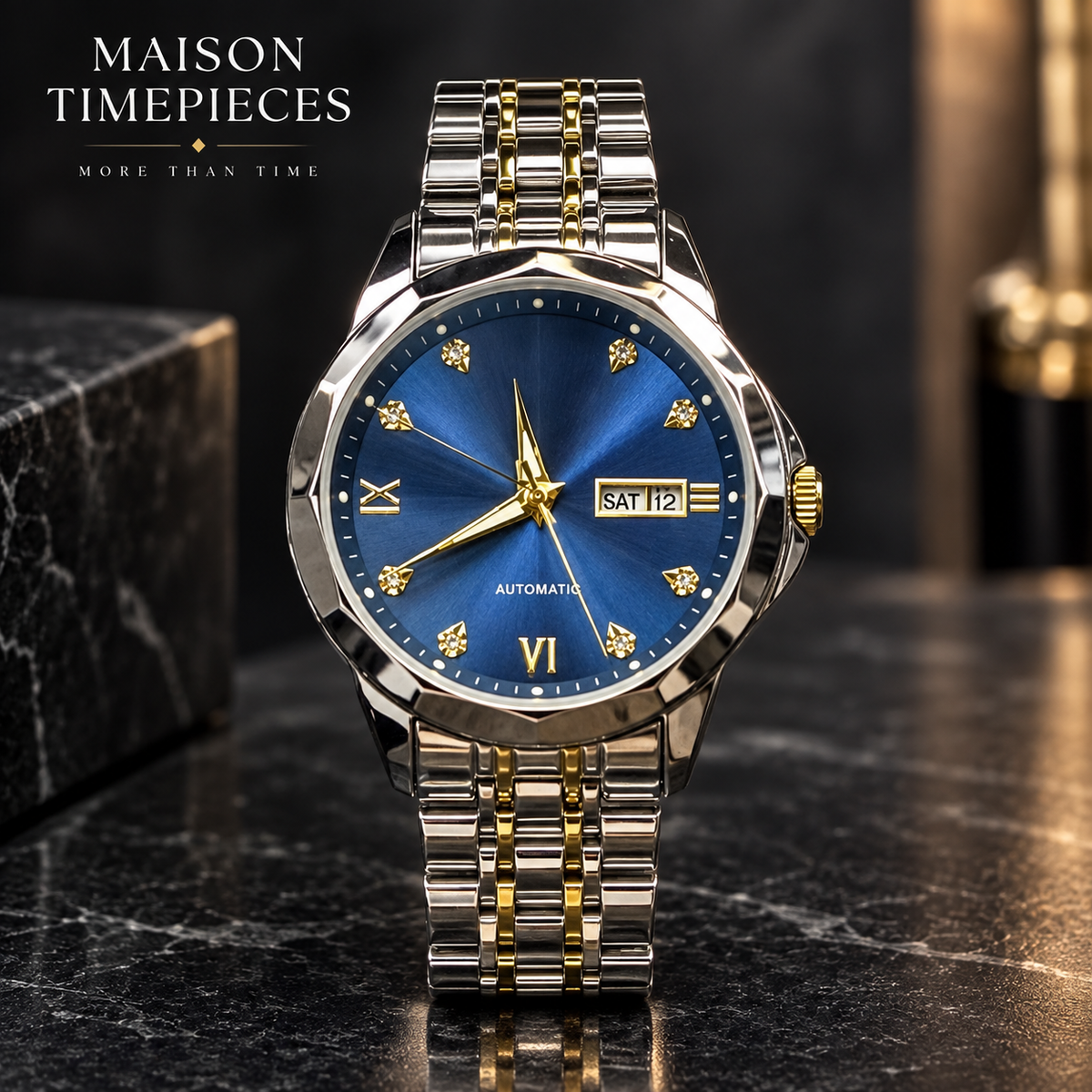 Maison Timepieces curated automatic watch with blue dial and two-tone stainless steel bracelet