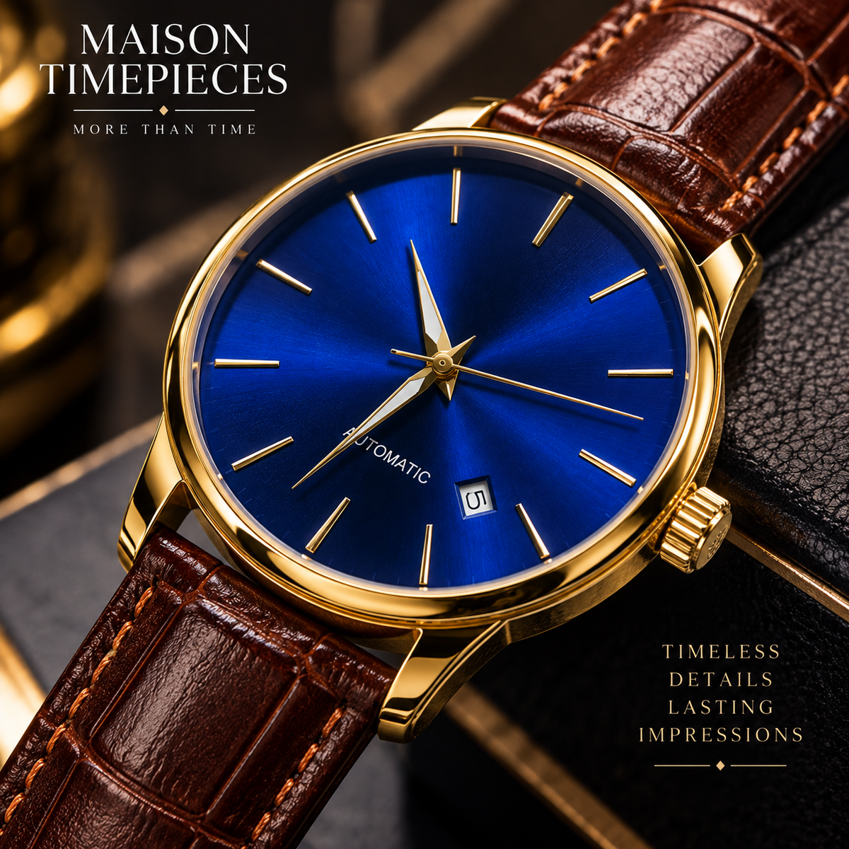 Luxury detail view of Maison Timepieces curated automatic watch with blue dial and brown leather strap