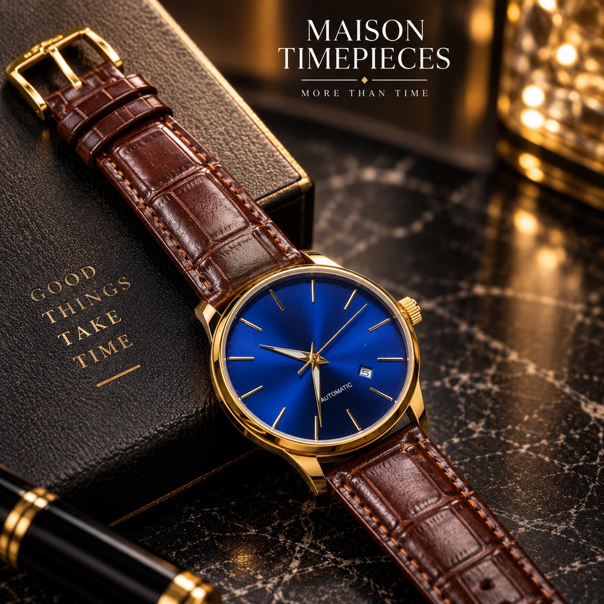 Full view of Maison Timepieces curated blue dial watch with gold-tone case and brown leather strap