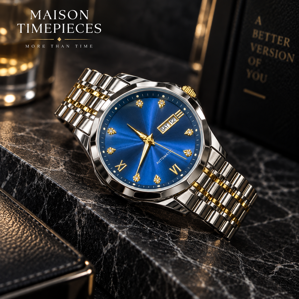 Blue dial automatic watch with two-tone bracelet worn with business attire