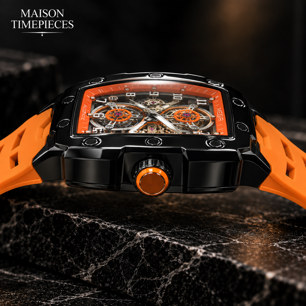 Side profile of Maison Timepieces Curated automatic watch showing black case, crown and orange strap