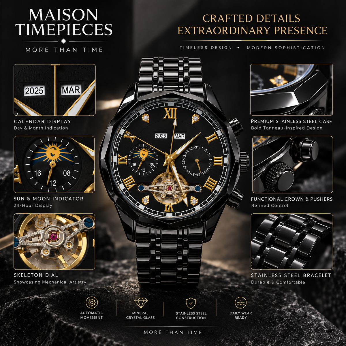 Detailed view of Maison Timepieces Curated black automatic watch dial and exposed mechanical display