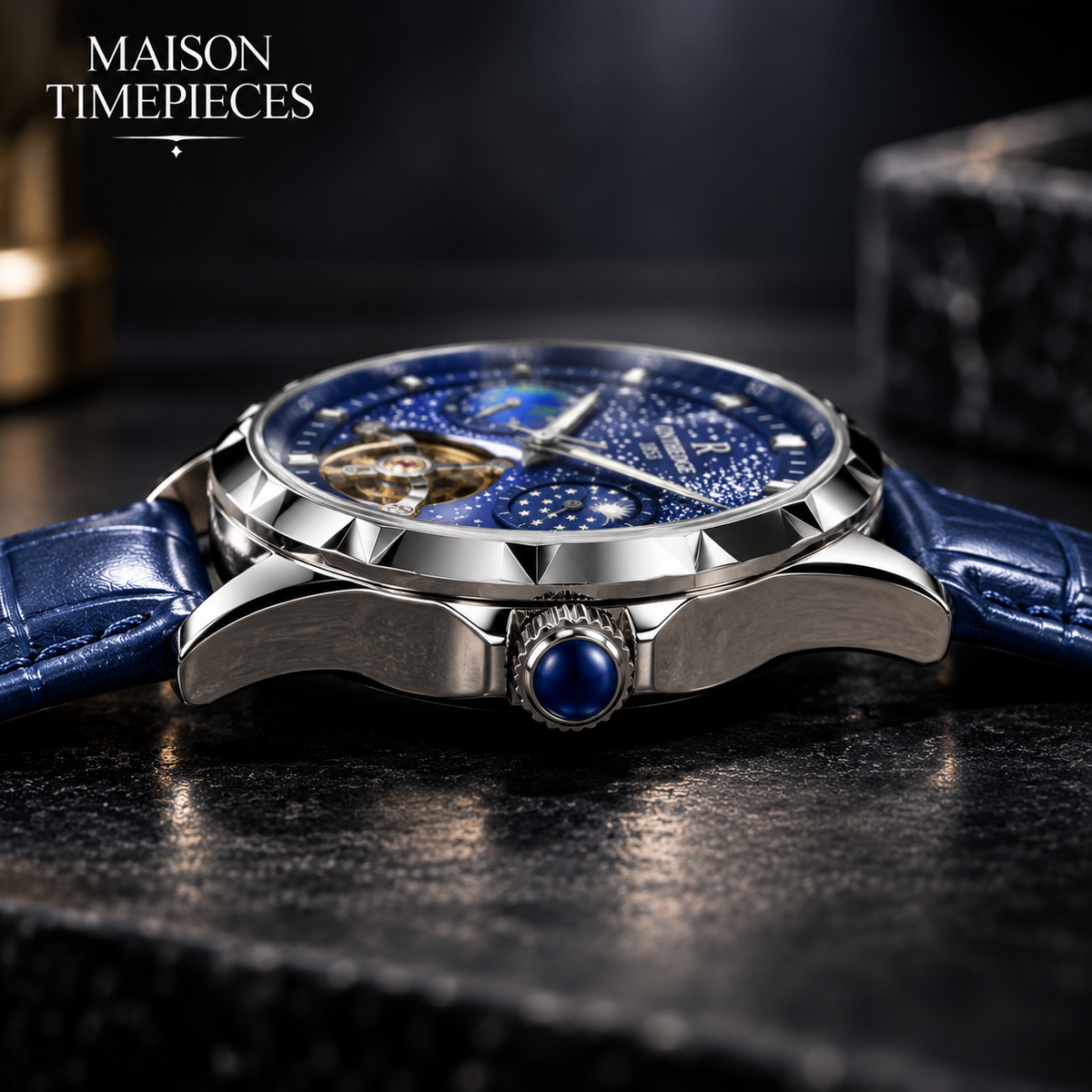 Side profile of Maison Timepieces Curated automatic watch showing polished case and blue leather strap