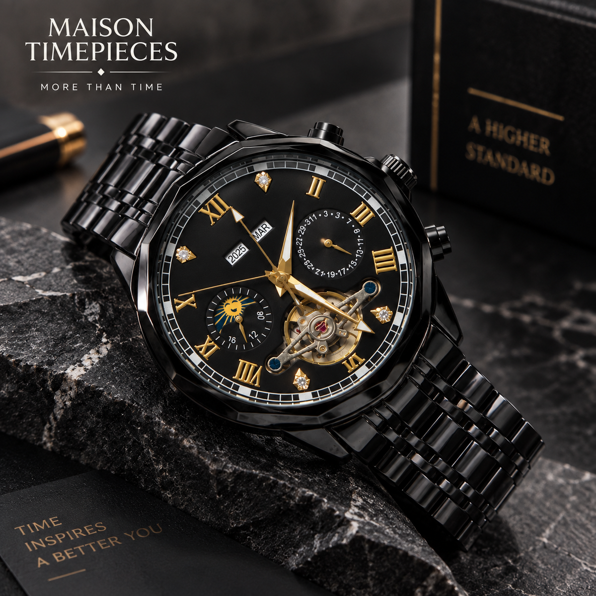 Angled view of Maison Timepieces Curated black automatic watch with gold-tone Roman numeral dial