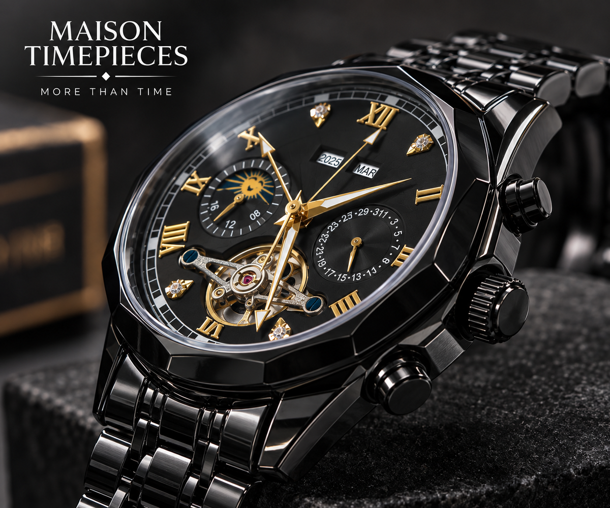 Close-up of black watch dial with gold-tone Roman numerals, calendar displays and exposed mechanical detail