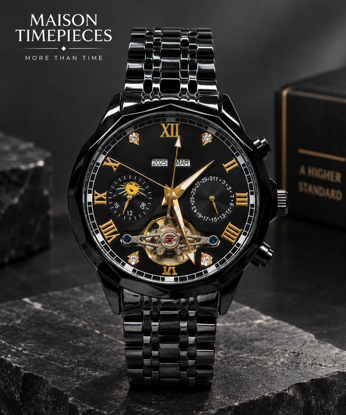 Maison Timepieces Curated black automatic watch with gold-tone dial details and black metal bracelet, front view