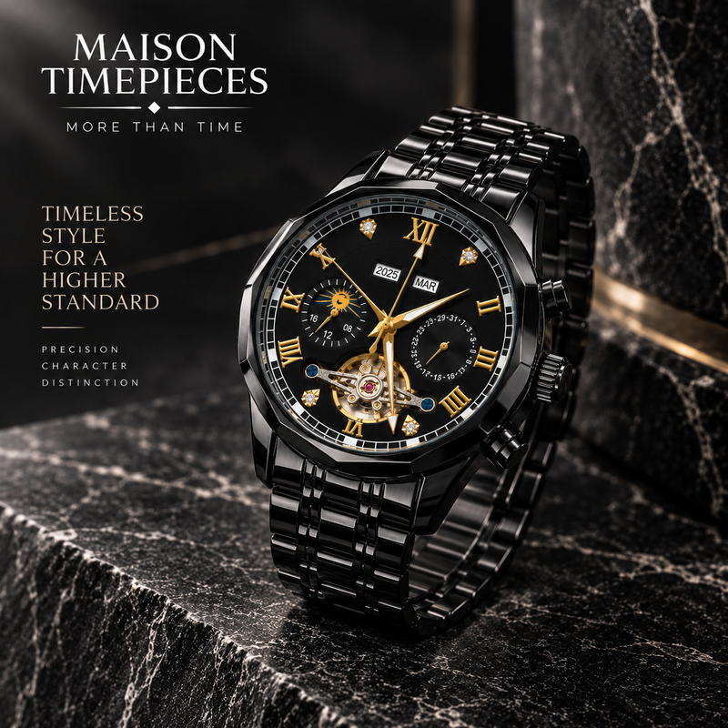 Maison Timepieces Curated black automatic watch presented against a luxury dark charcoal background
