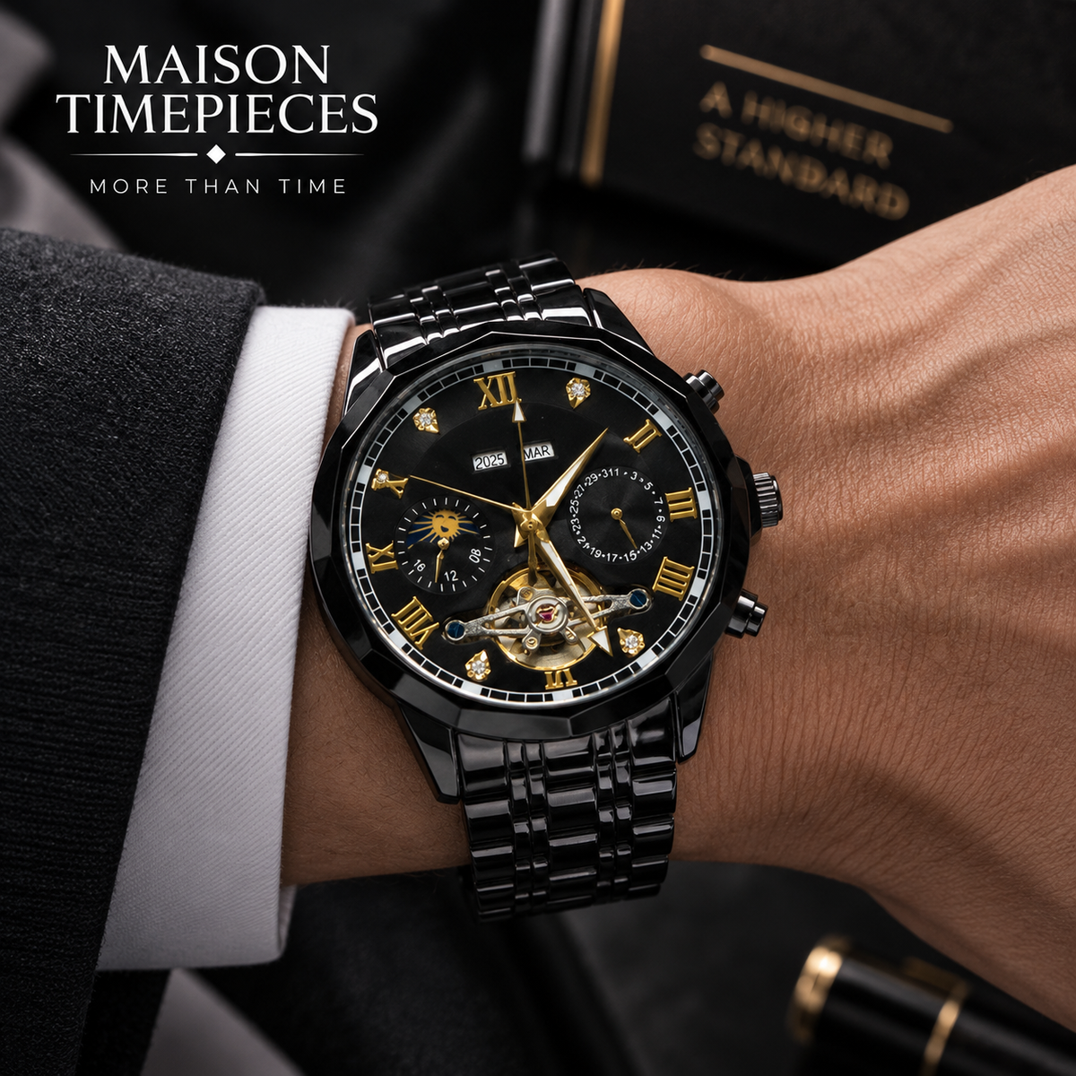 Maison Timepieces Curated black automatic watch with gold-tone dial details worn on wrist