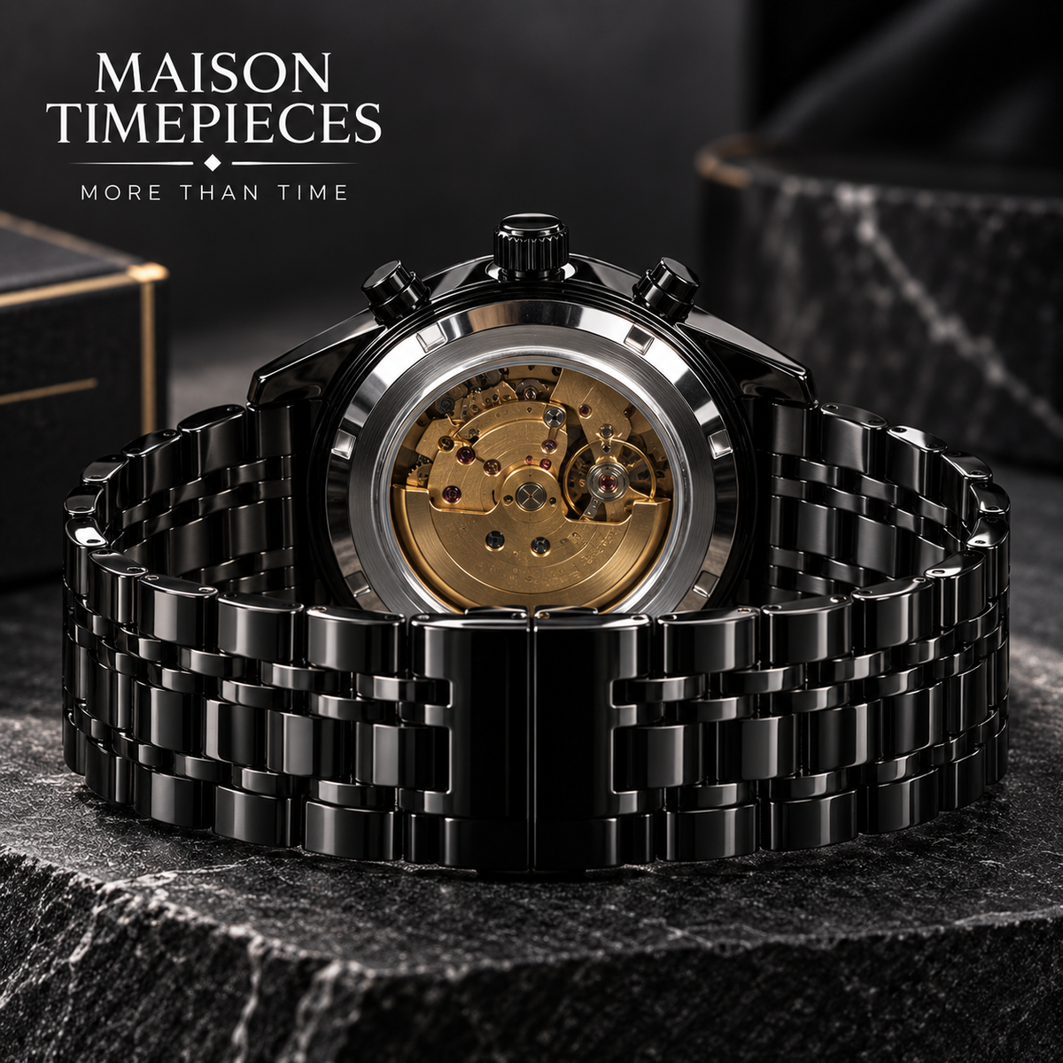 Black metal bracelet and case detail of Maison Timepieces Curated automatic watch