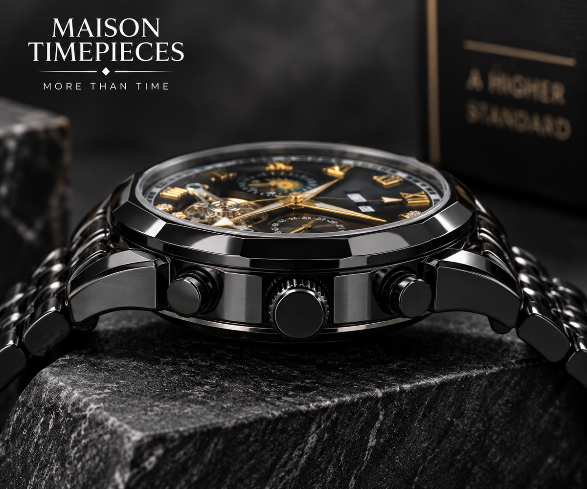 Side profile of Maison Timepieces Curated black watch showing case, crown and pushers