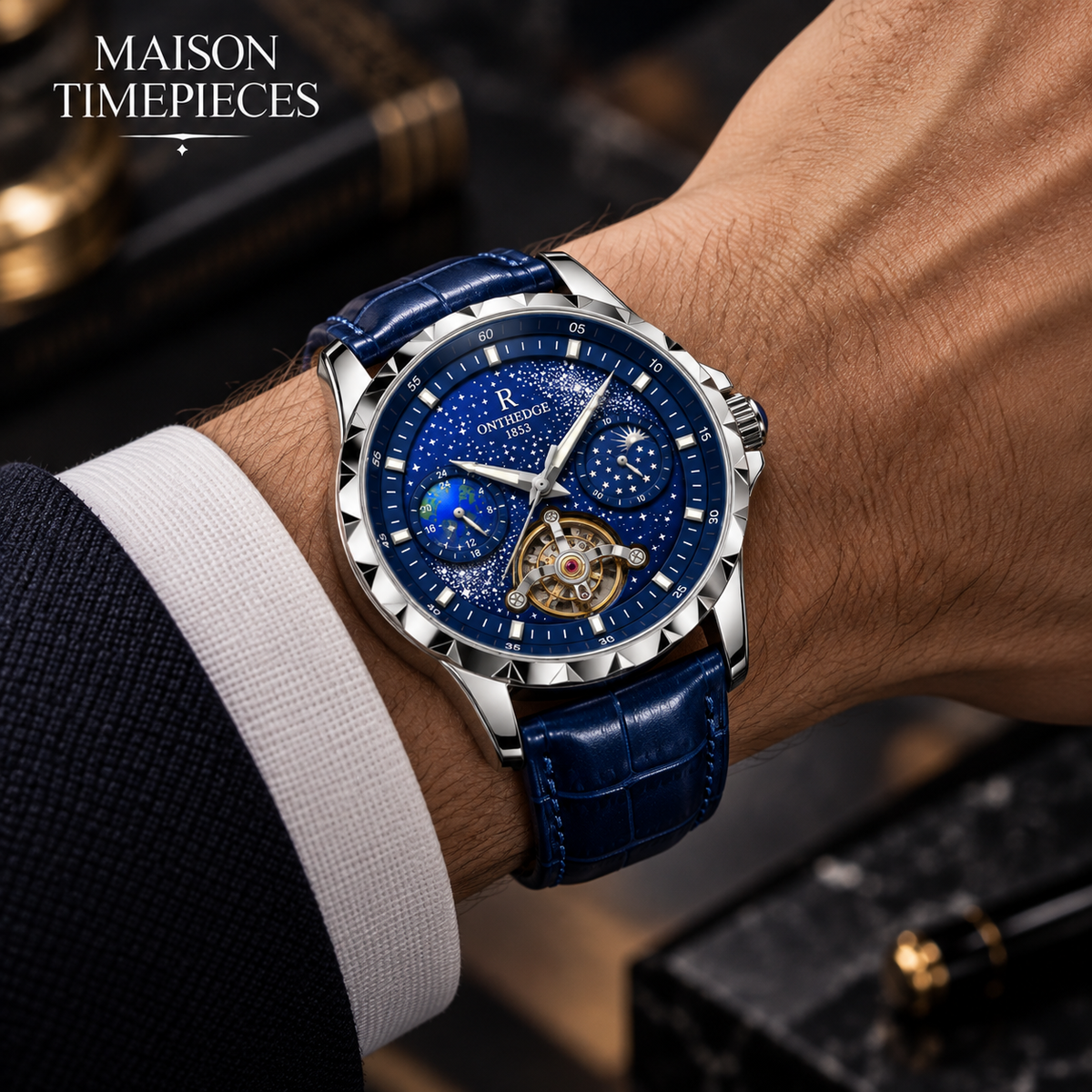 Maison Timepieces Curated blue automatic watch presented in a premium lifestyle setting