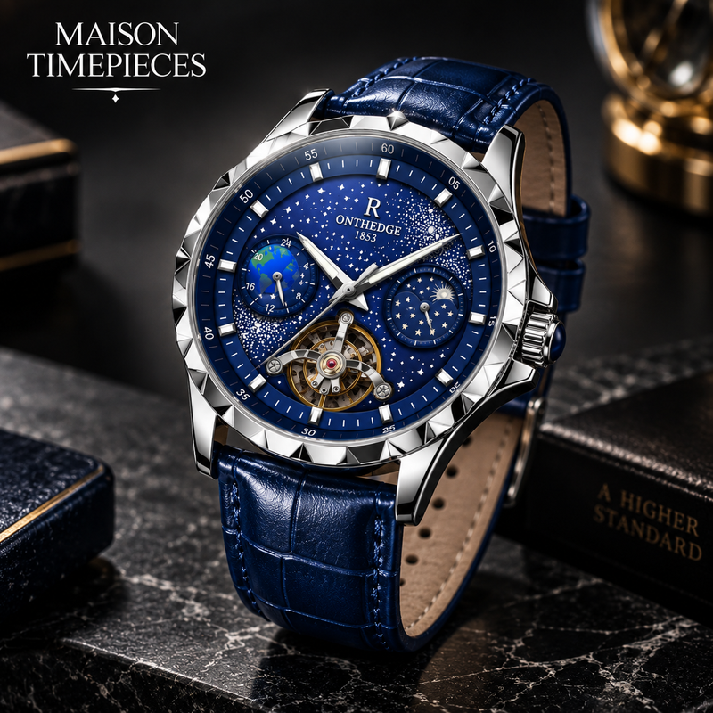Maison Timepieces Curated blue automatic watch shown from a premium angled view
