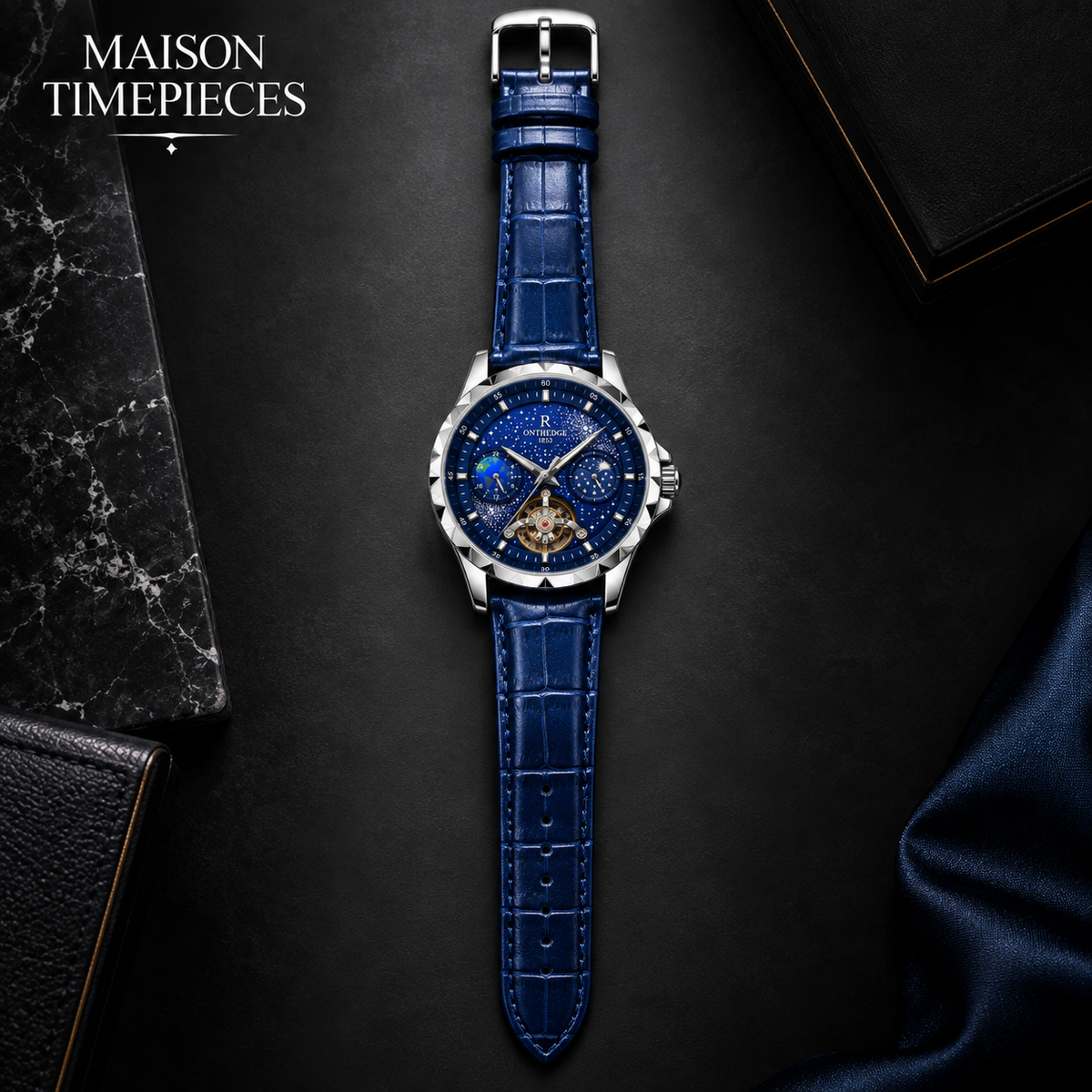 Maison Timepieces Curated automatic watch with blue leather strap and polished metal case