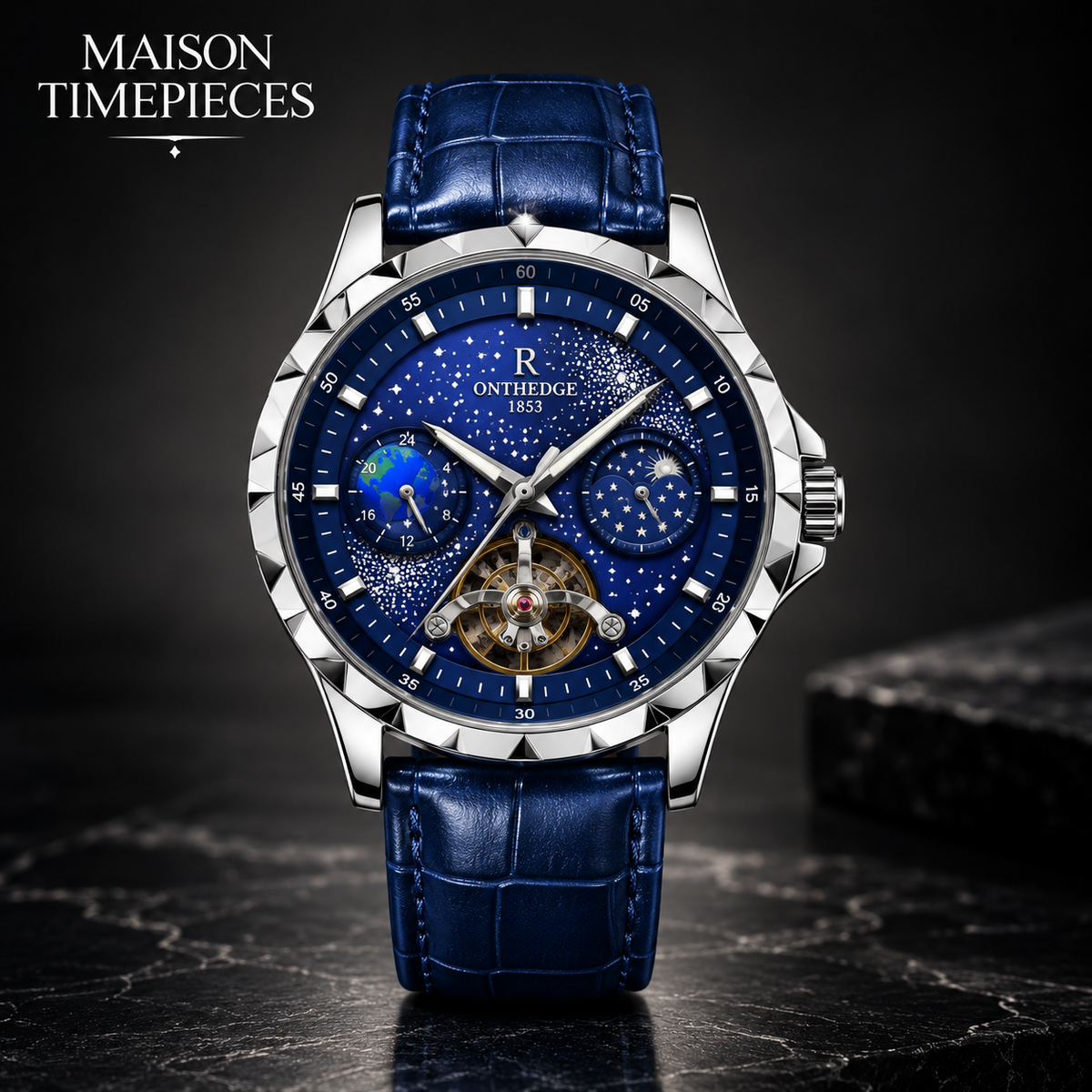 Maison Timepieces Curated blue dial automatic open heart watch with blue leather strap, front view