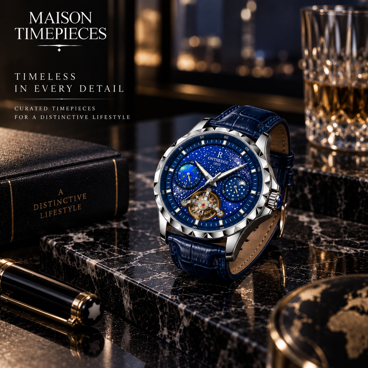 Maison Timepieces Curated blue automatic watch displayed on luxury black marble