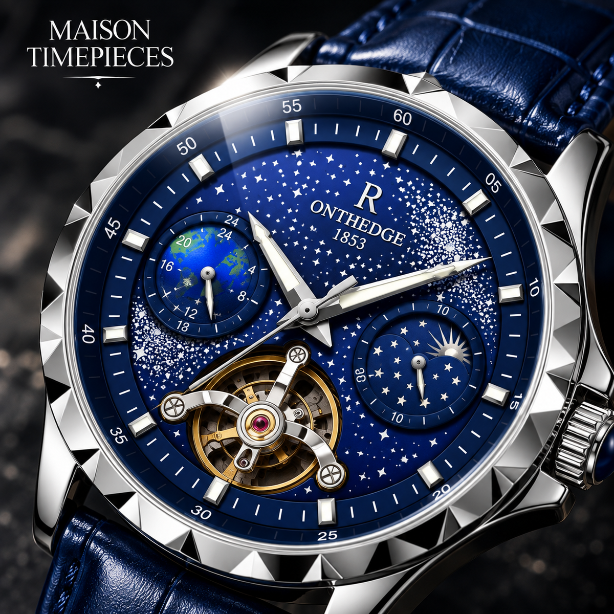 Close-up of blue dial, open heart mechanism and detailed complications on Maison Timepieces Curated watch