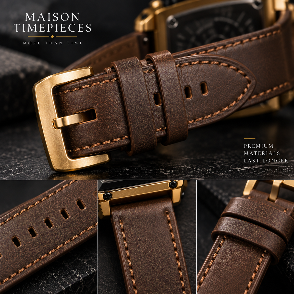 Close-up of brown stitched leather watch strap with gold-tone buckle and adjustment holes