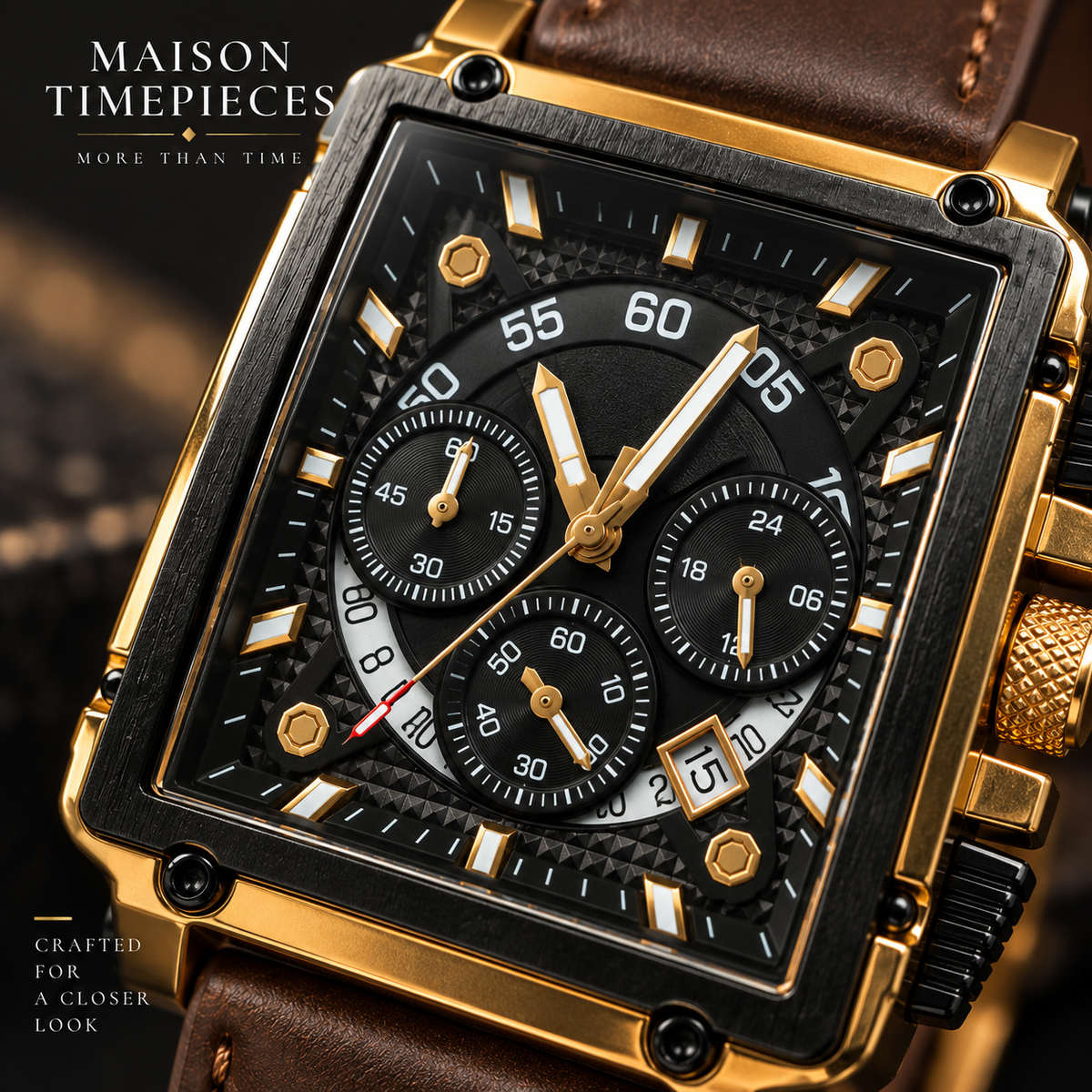 Close-up of rectangular chronograph watch showing detailed black dial, subdials and gold-tone hands