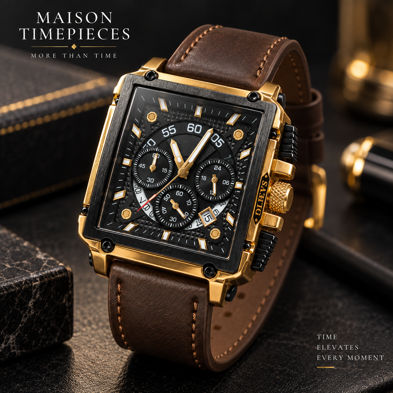 Angled view of gold rectangular chronograph watch with black multi-dial face and brown leather strap