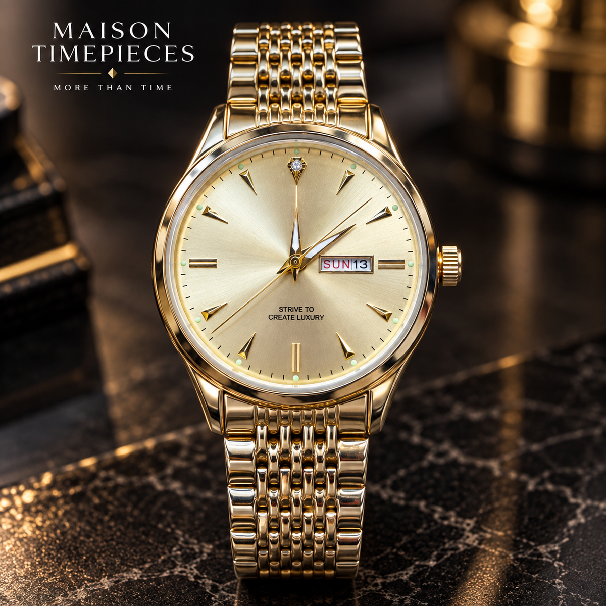 Maison Timepieces Curated gold dress watch with champagne sunburst dial, day-date display and polished bracelet