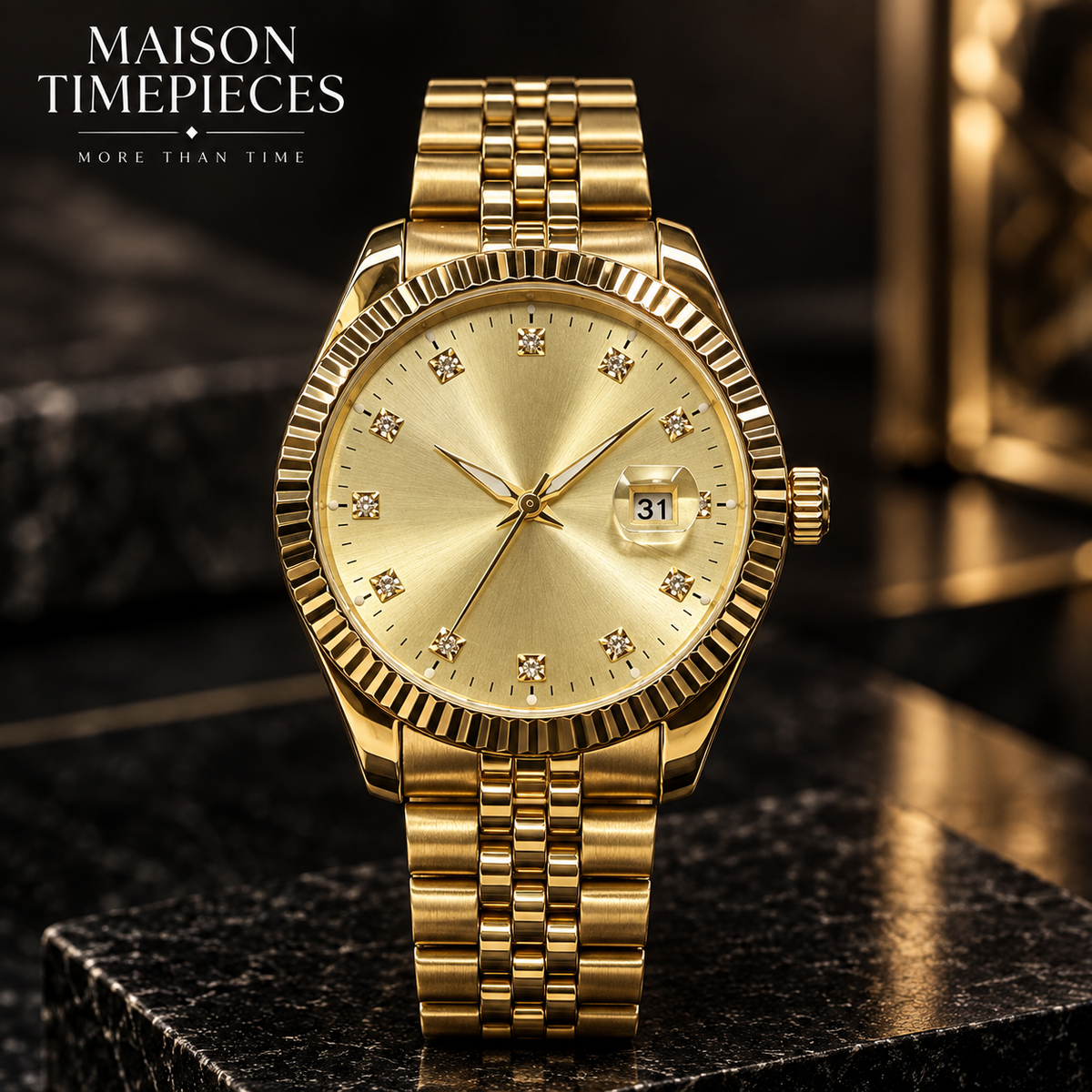Maison Timepieces Curated gold quartz watch with champagne dial, fluted bezel and gold bracelet
