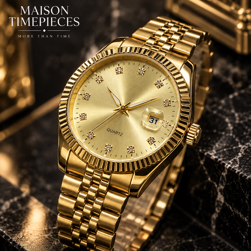 Luxury angled view of gold quartz watch with champagne dial and polished metal bracelet