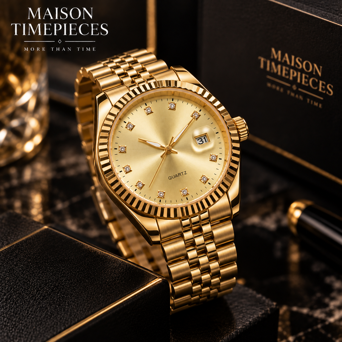 Luxury detail view of gold quartz watch with champagne dial, fluted bezel and gold-tone bracelet