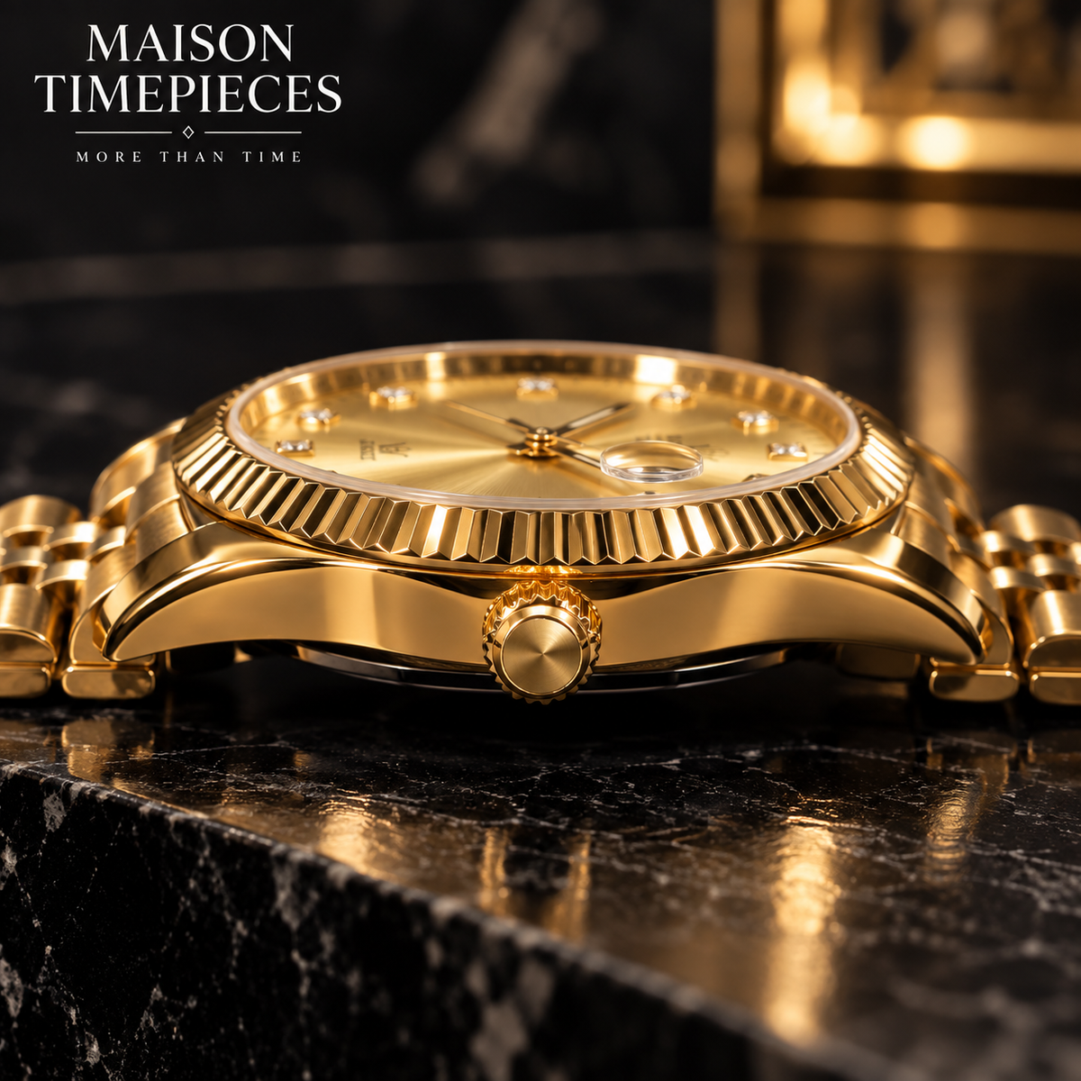 Side profile of gold quartz watch showing fluted bezel, polished case and crown