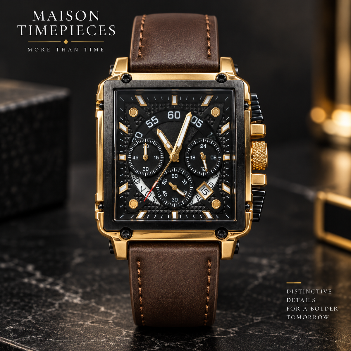 Maison Timepieces Curated gold rectangular chronograph watch with black dial and brown leather strap