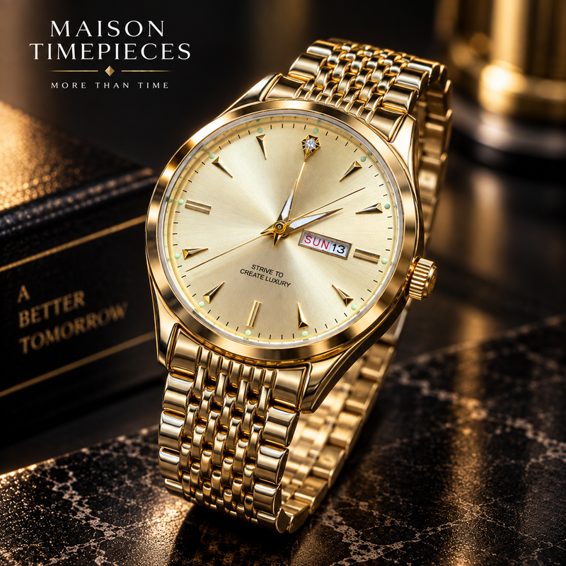 Maison Timepieces Curated gold watch angled view highlighting the champagne dial, polished case and metal bracelet
