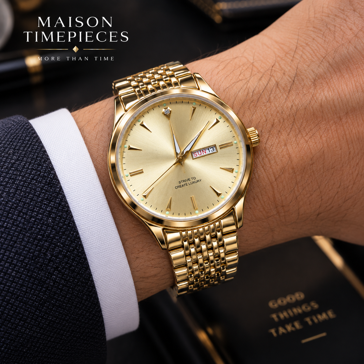 Maison Timepieces Curated gold watch bracelet close-up showing the polished multi-link metal construction