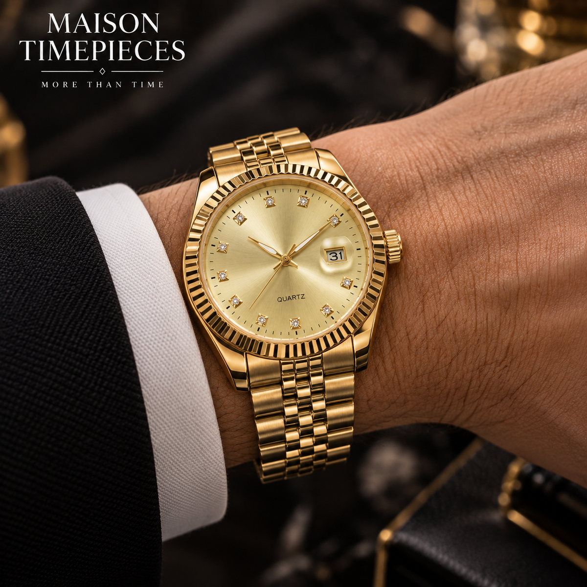 Gold-tone metal watch bracelet detail with polished multi-link construction