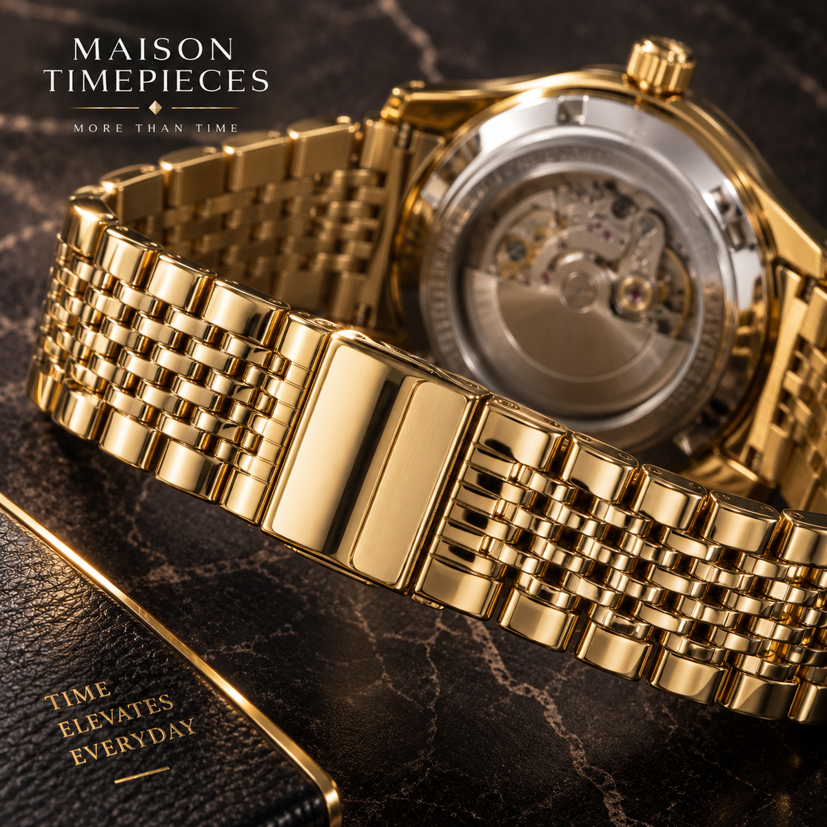 Maison Timepieces Curated gold watch rear view showing the polished caseback and detailed multi-link bracelet