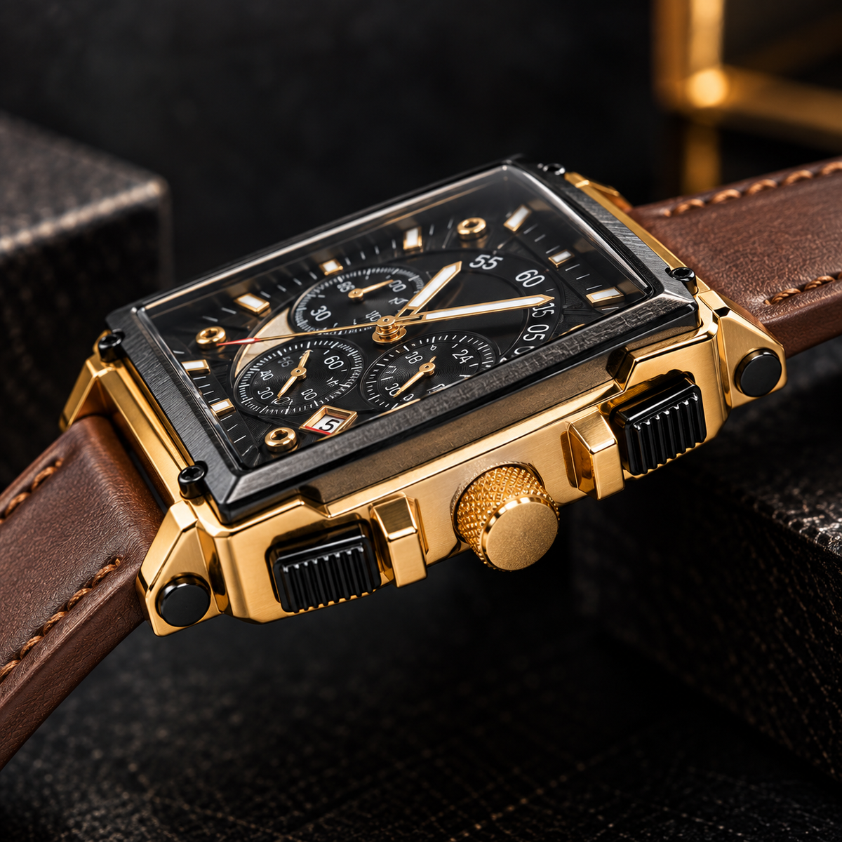 Side profile of gold-tone rectangular watch showing textured crown, pushers and raised black bezel