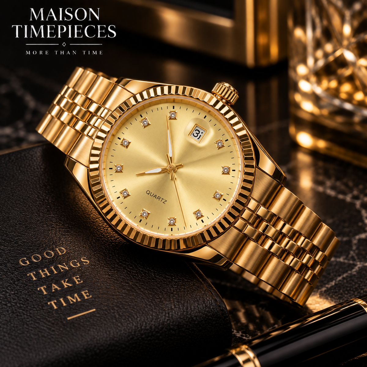 Maison Timepieces Curated gold quartz watch presented in a dark charcoal luxury setting