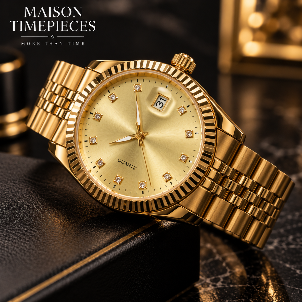 Gold quartz watch featuring champagne dial, crystal-style markers and magnified date display