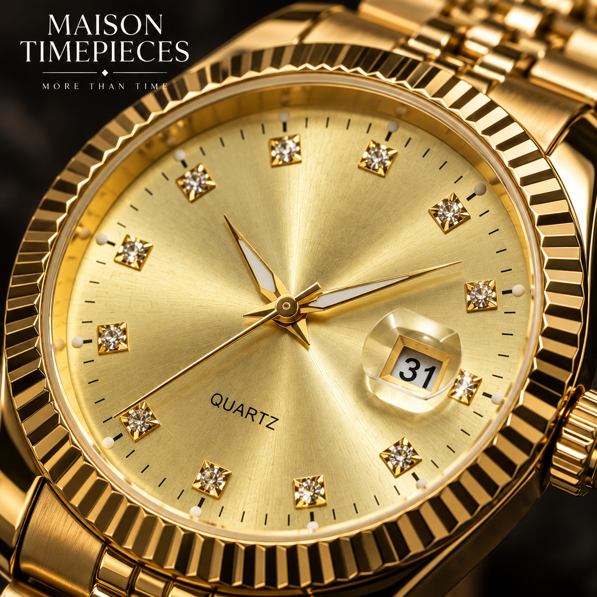 Close-up of champagne sunburst dial with crystal-style hour markers and fluted gold bezel