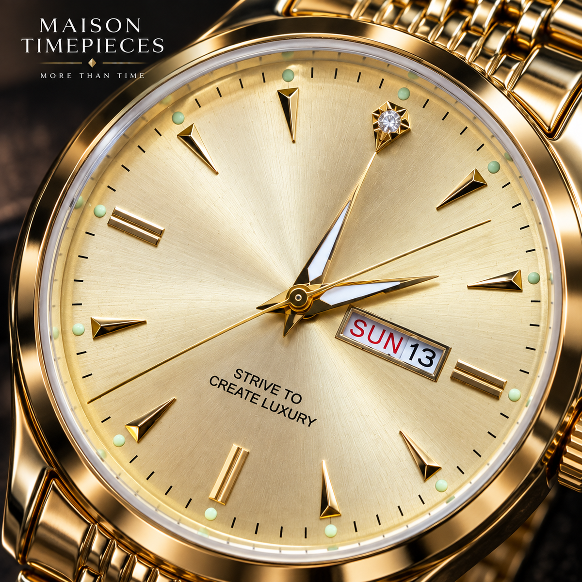 Maison Timepieces Curated gold watch dial close-up with sunburst finish, day-date display and decorative hour markers
