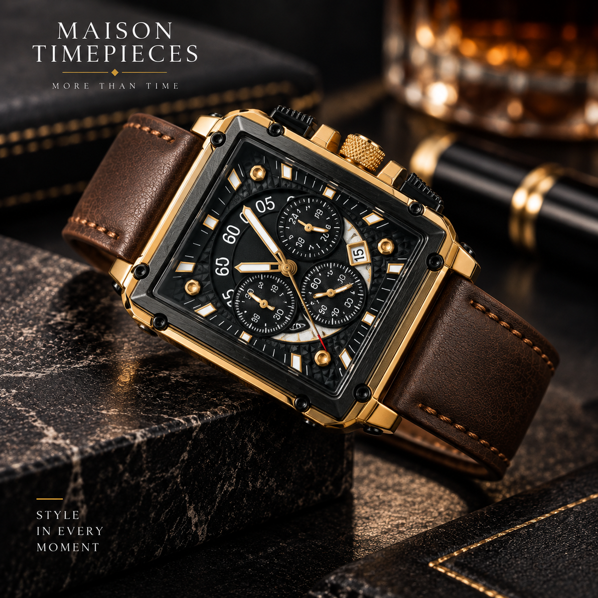 Gold-tone rectangular chronograph watch with black dial and brown leather strap in a luxury setting