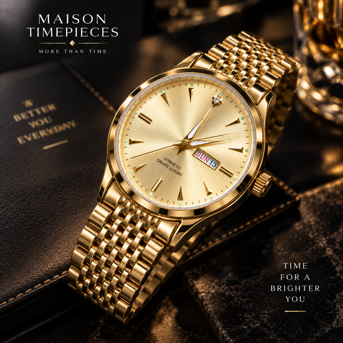 Maison Timepieces Curated gold dress watch displayed in a premium dark luxury setting with warm ambient lighting